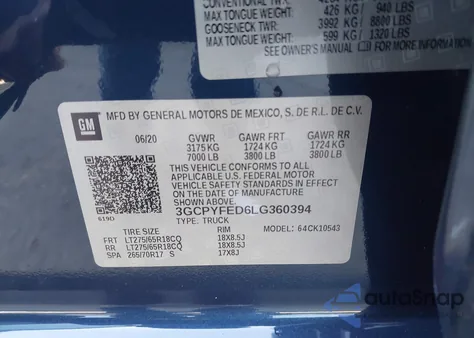 2020 Chevrolet Silverado 1500 4Wd Short Bed Lt Trail Boss z USA, uszkodzony, nr VIN 3GCPYFED6LG360394